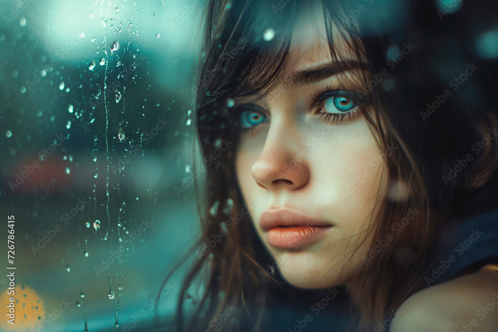 Portrait of a beautiful young sad and depressed girl, looking out of the window with raindrops on the glass window on a rainy day Portrait of a beautiful young sad and depressed girl, looking out of the window with raindrops on the glass window on a rainy day