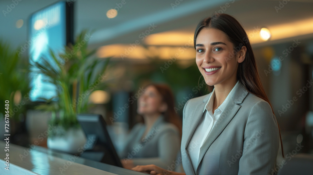 Businesswoman Standing in Front of Laptop Computer Businesswoman Standing in Front of Laptop Computer