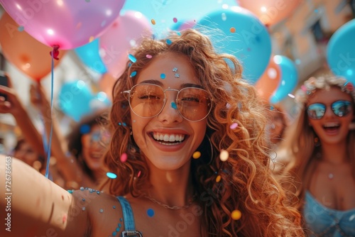 A beaming woman adorned with confetti and glasses exudes joy as she embraces the party spirit, radiating fun and fashion in her outdoor celebration