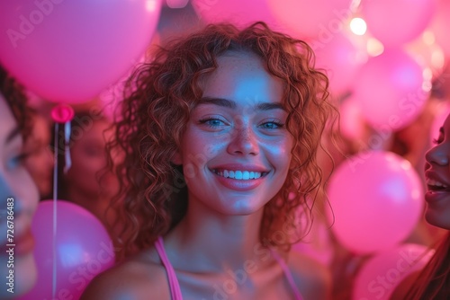 A jubilant woman radiates pure joy as she clutches a cluster of vibrant magenta balloons, ready to celebrate surrounded by party supplies and dressed in stylish clothing indoors