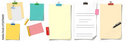 Note paper with pin, binder clip, push pin, adhesive tape and tack. Blank sheet, sticky note, torn piece of paper and notebook page. Templates for a note message. Vector illustration.  photo