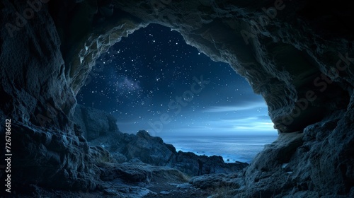 beautiful cave at night with well-lit starry sky in high resolution and high quality, caves at night concept, real starry night, real sky