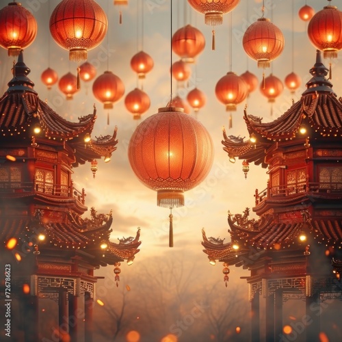Realistic chinese new year celebration with lanterns , Chinese tower with lanterns