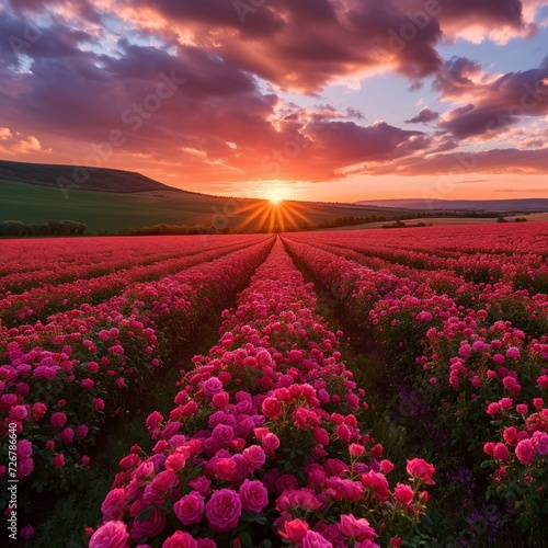 Stunning landscape with Roses field at sunset 