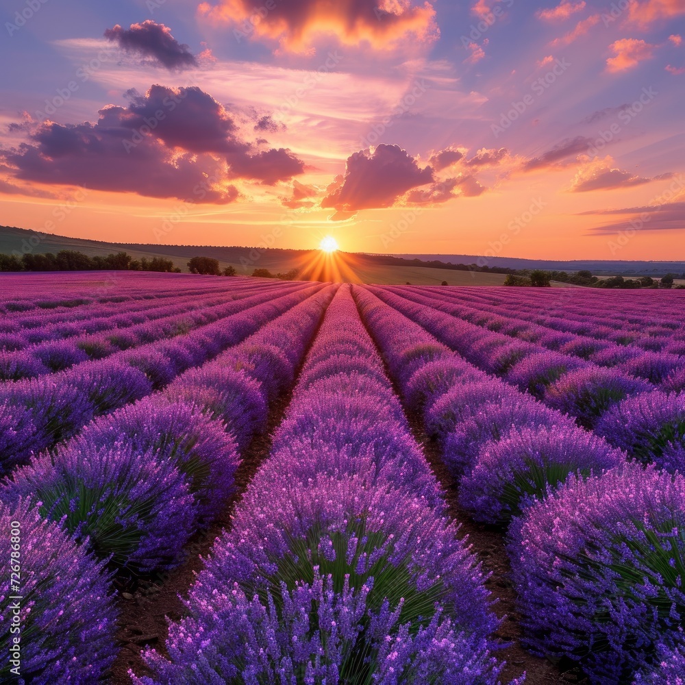 Stunning landscape with lavender field at sunset Stunning landscape with lavender field at sunset