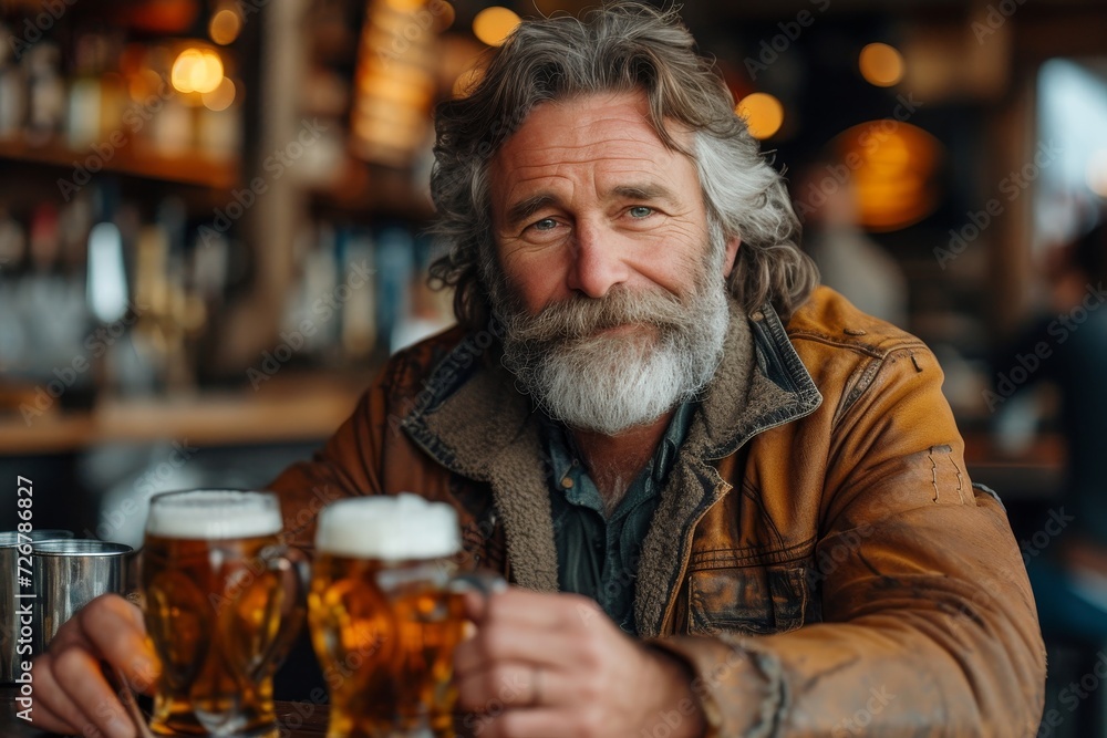 A rugged man, with a distinguished beard and mustache, sits contently with a pint of beer in hand, embracing the warmth of the pub's atmosphere