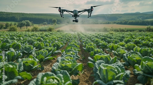Panorama agriculture drone fly to sprayed fertilizer on Cabbage field. smart farmer use drone for various fields like research analysis, terrain scanning technology, smart technology concept.  photo