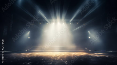 arena stage light background with spotlight illuminated for rock concert production stage. Empty stage with fog