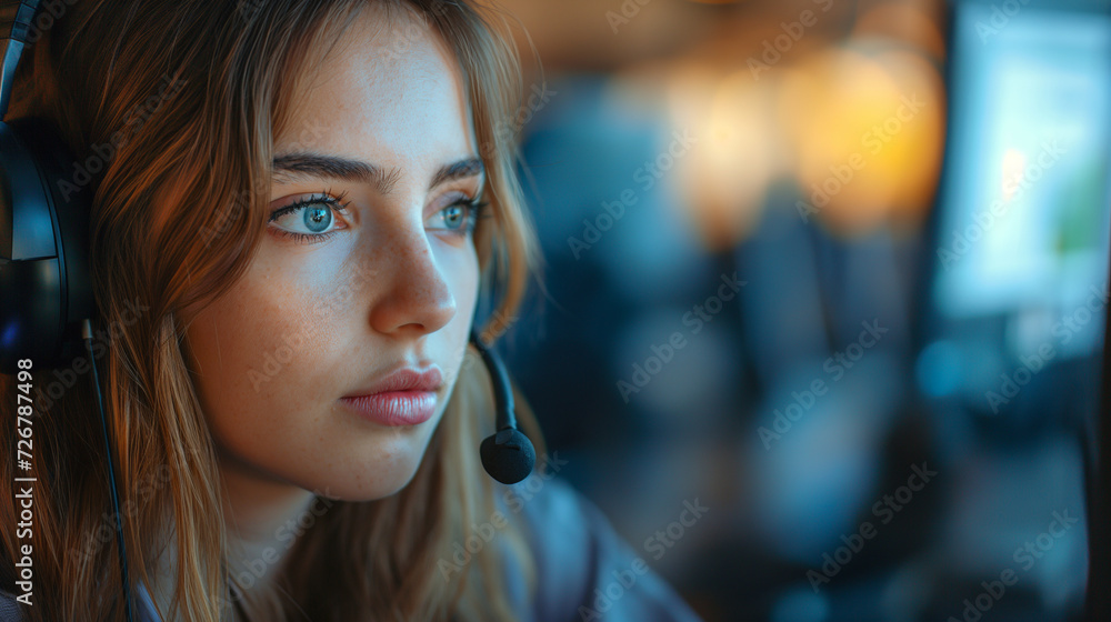 Woman Wearing Headset and Looking Into the Distance Woman Wearing Headset and Looking Into the Distance