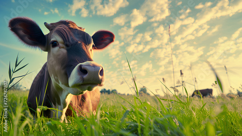 Cow grazing beneath the sky on green grass