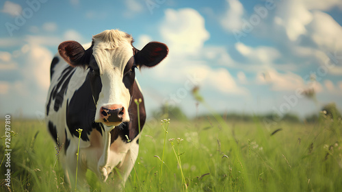 Cow grazing beneath the sky on green grass