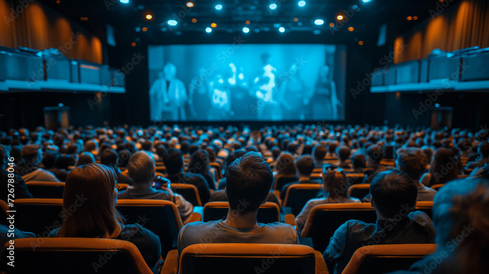 A Crowd of People Watching a Movie on a Large Screen