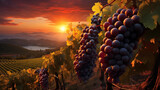 Ripe grapes and vineyard in autumn