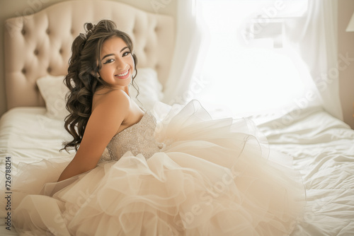 15 year old Latina girl sitting in her bedroom dressed in traditional white dress for her quinceanera party photo