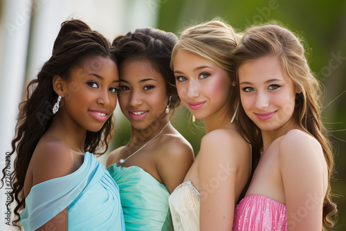 4 American teenage girls dressed for prom photo