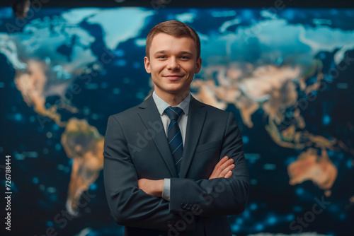 TV news presenter on a popular channel. live stream broadcast on television. A handsome white guy in a suit. World map background