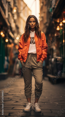 A HD Portrait of a young woman with brunette hair standing in the Streets of London.
