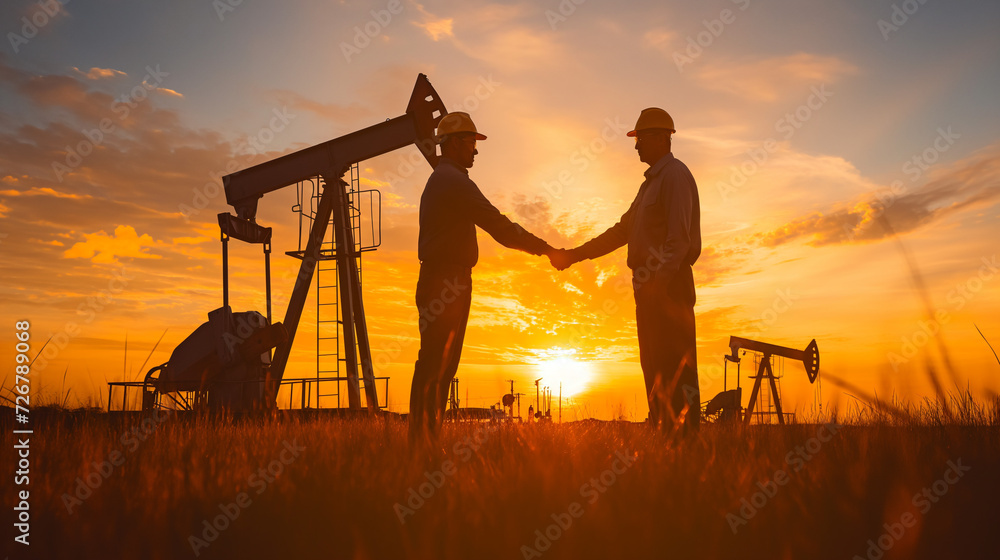 Naklejka premium Two Men Shaking Hands in Front of a Sunset