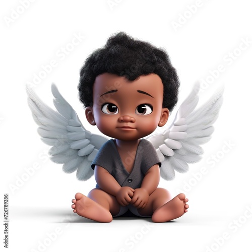 Cute black baby angel isolated on white background, cartoon style