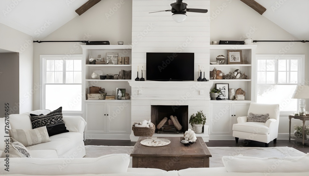 beautiful comfortable family room living room with black and white decor and fireplace