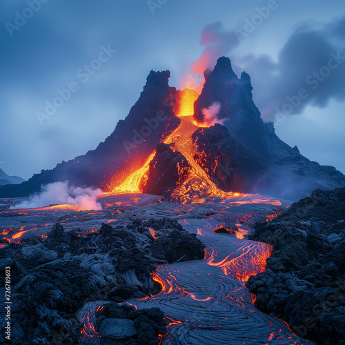 Majestic Volcanic Eruption at Twilight
