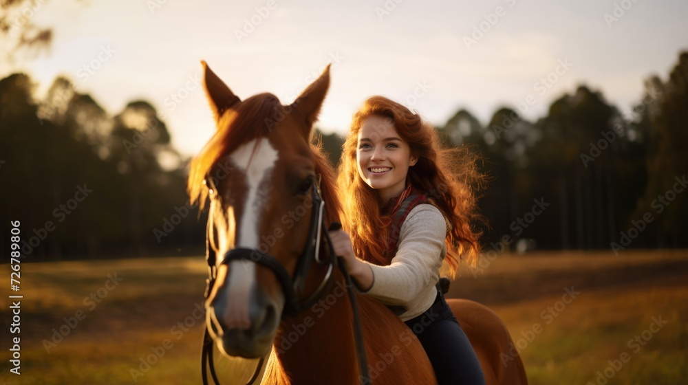 Fototapeta premium Beautiful red-haired girl riding a horse on the field at sunset