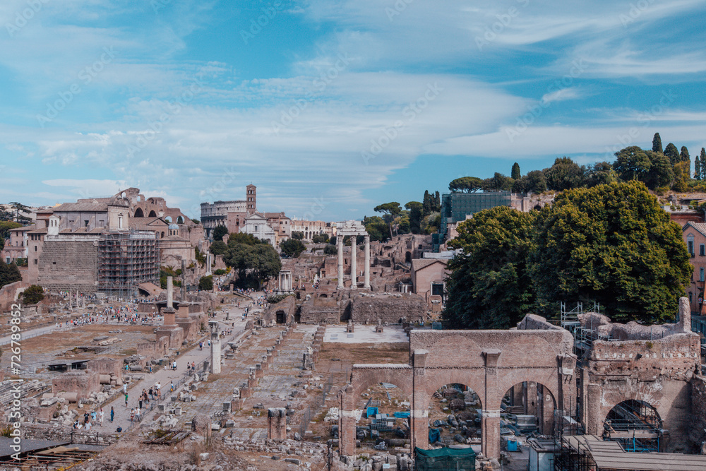 Top view of the ruins of Ancient Rome. Ancient Roman Forum from the Capitoline Hill for publication, design, poster, calendar, post, screensaver, wallpaper, cover, website. High quality photo