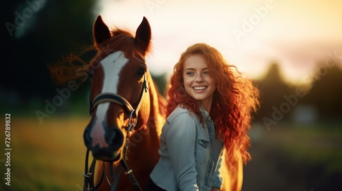 Portrait of beautiful young redhead girl with her horse at sunset