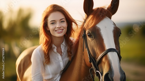 Portrait of a beautiful red-haired girl with a horse at sunset