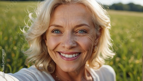Close-up selfie of a cheerful elderly blonde woman in a field, sunny backdrop with greenery.
