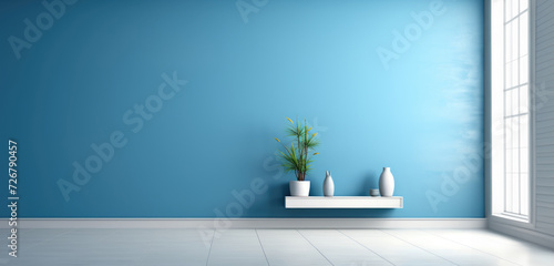 Extra wide blue virtual empty room background backdrop banner image with window for online presentations and zoom meetings © Andrea