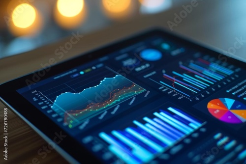 Interactive fintech application on a tablet with graphs and financial forecasts