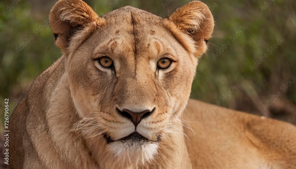 A lioness looking directly into the camera, a portrait. The background is blurred. Wildlife concept, dominant mammals, kings in the animal world. A lioness looking directly into the camera, a portrait. The background is blurred. Wildlife concept, dominant mammals, kings in the animal world.