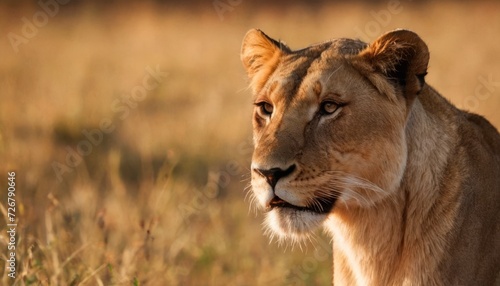 Lioness portrait. The background is blurred. Wildlife concept, dominant mammals, kings in the animal world.