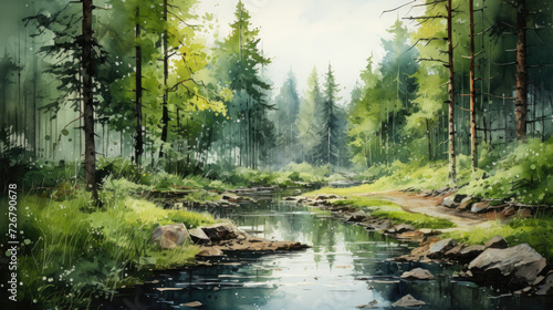 Watercolor style painting of the forest with fir trees, pines, lakes. Background in green shades
