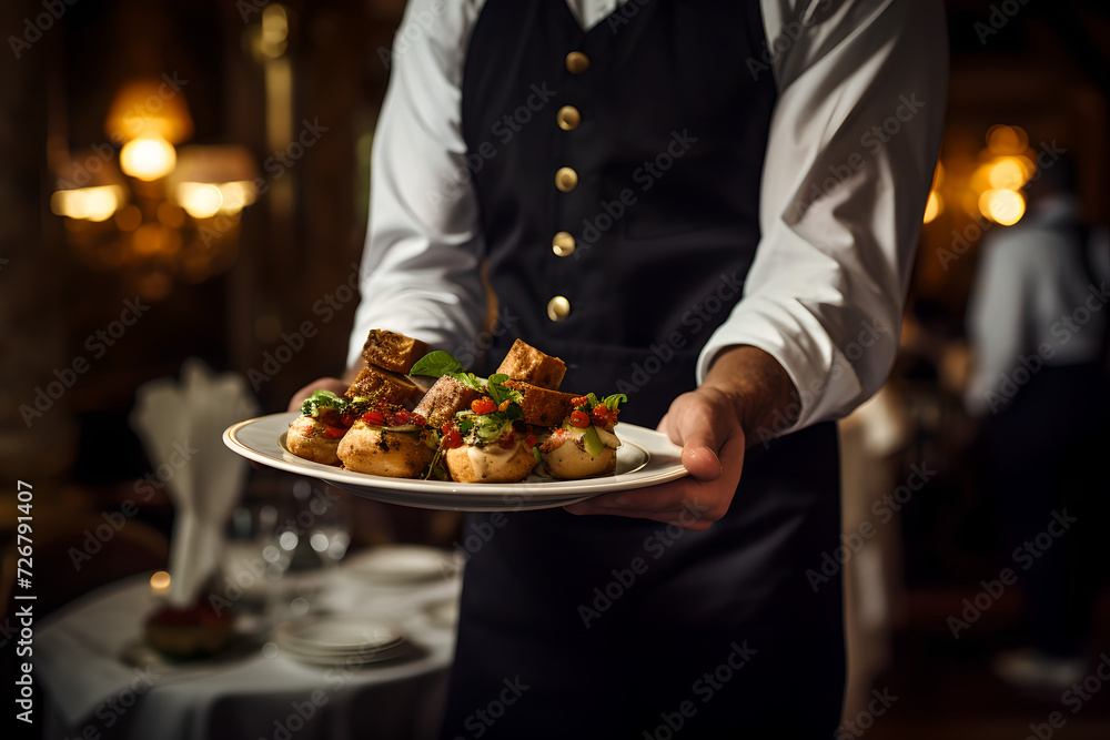 Waiter carrying plates with food, Restaurant serving, modern food, decorating meal, meat and vegetables dish, wedding, festive event, party ,blur background, close Up of food stylish,blurry background