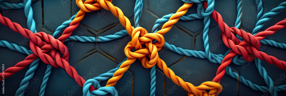 a net of colored rope with red, blue and orange colors, Suitable for outdoor, adventure, teamwork and leadership concept designs. Colorful, strong, teamwork, adventure, outdoor, vibrant, leadership,  - obrazy, fototapety, plakaty 
