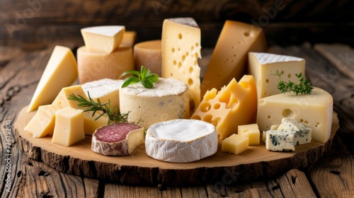 delicious cheese board with a lot of variety and good appearance on a wooden board in high resolution