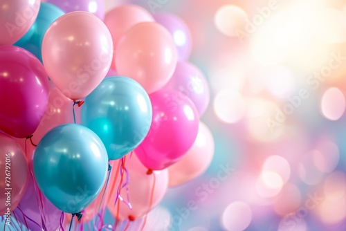 Bunch of colorful balloons on bokeh background with copy space