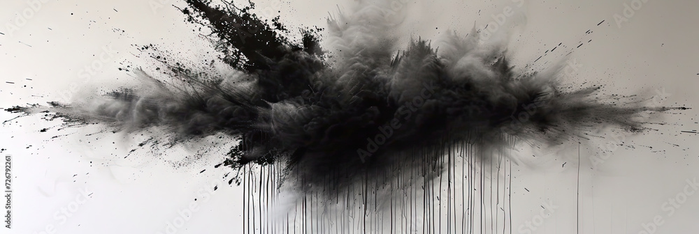 Obraz premium a black splash painting on white background, Black charcoal powder dust paint white explosion explode burst isolated splatter abstract. black smoke particles explosive