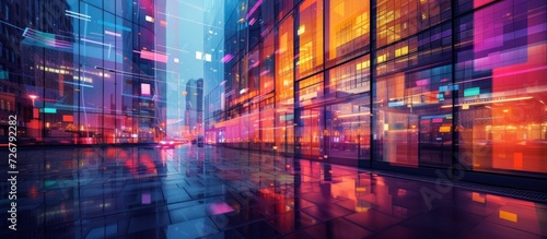 Modern building exterior with colorful lighting and double exposure.