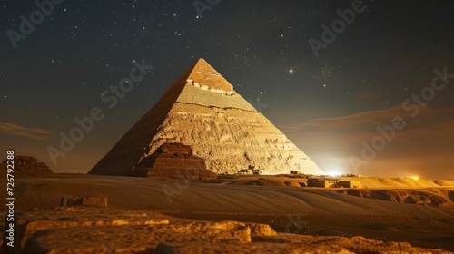 beautiful pyramid of giza night view in high resolution and starry night  luminous sky. wonders of the world concept