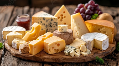 delicious cheese board with a lot of variety and good appearance on a wooden board in high resolution HD