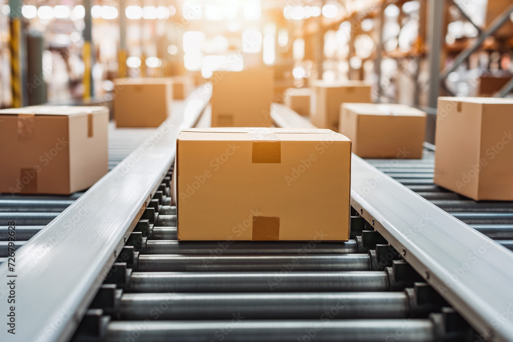 Closeup of multiple cardboard box packages seamlessly moving along a conveyor belt in a warehouse fulfillment center. Backlight. Closeup of multiple cardboard box packages seamlessly moving along a conveyor belt in a warehouse fulfillment center. Backlight.
