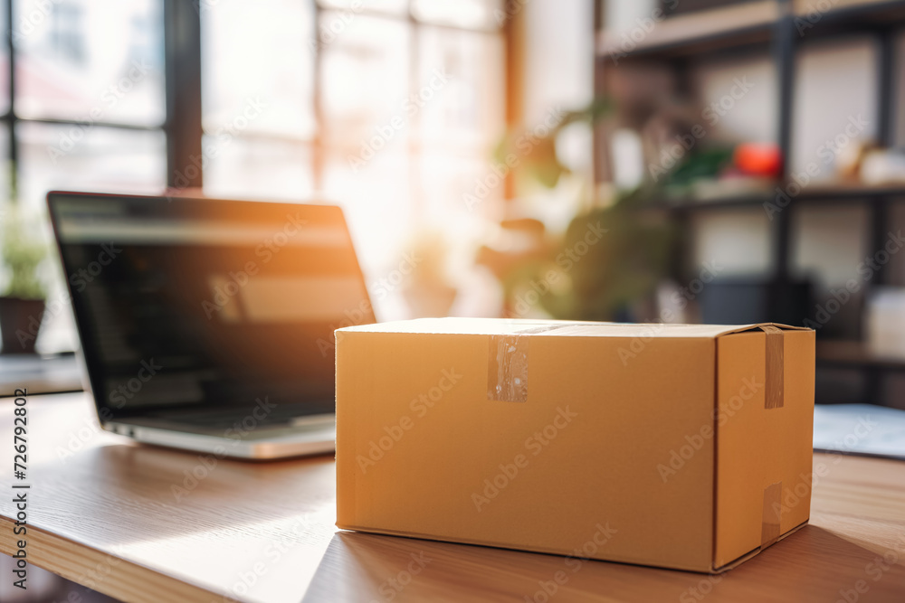 Laptop computer at workplace of start up, small business owner. cardboard parcel box of product for deliver to customer. Online selling, e-commerce, packing concept, Morning light,blurred image Laptop computer at workplace of start up, small business owner. cardboard parcel box of product for deliver to customer. Online selling, e-commerce, packing concept, Morning light,blurred image