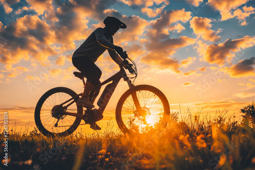 Man riding electric bike in sunset. E-bike recreation for overweight people.
