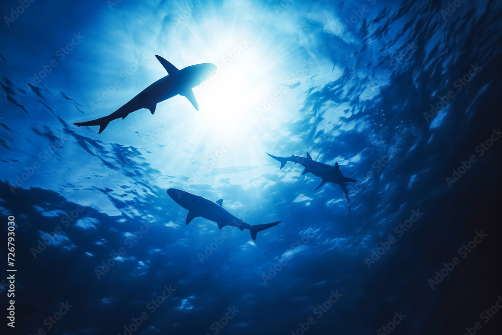 Fototapeta premium Sharks swim in the deep sea
