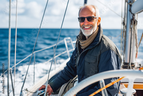 Smiling mature man sailing his yacht on a sunny day