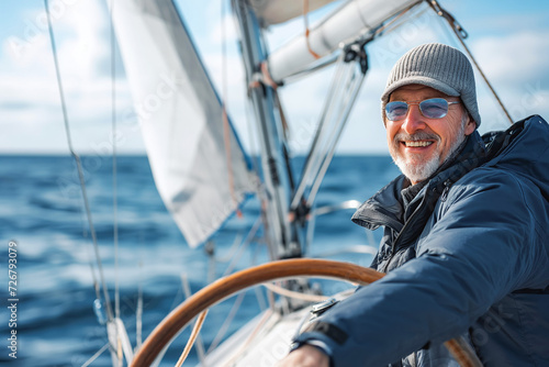 Smiling mature man sailing his yacht on a sunny day