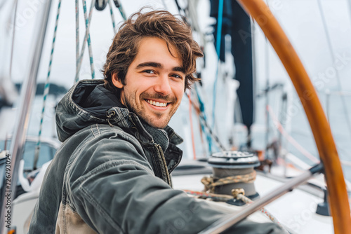 Smiling young man as helmsman on sailboat photo